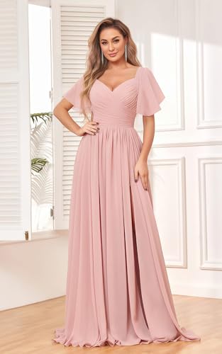 Women's Chiffon Flutter Sleeve Bridesmaid Dress Long with Slit V-Neck Pleated Formal Evening Party Gowns2