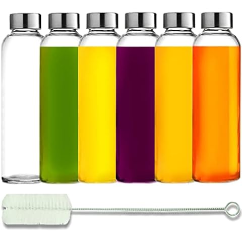 Brieftons Glass Water Bottles With Caps: Clear, 6 Pack, 18 Oz, Leakproof Lids, Premium Soda Lime, Best As Reusable Drinking Bottle, Sauce Jar, Juice Beverage Container, Kefir Kit, With Cleaning Brush Cover
