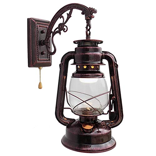 LIN XIAO HAO mayu Pull Chain Switch Kerosene Lantern Wall Lamp Retro Bedroom Bedside Iron and Glass Shade Wall Sconces, Red Bronze Finish