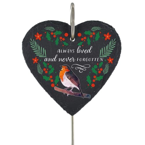 Global Designs Christmas Robin Grave Stick Marker Plaque Ornament Slate Heart Sentimental Tribute Graveside Decor 25x11cm