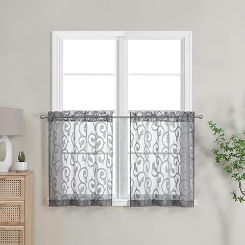 OWENIE Furman Sheer Curtains Tiers 24 Inch Length 2 Panels Set, Geometric Jacquard Clip Short Voile Grey Curtains Cover