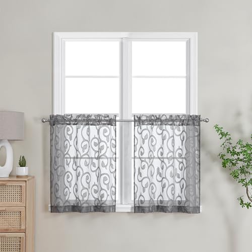 OWENIE Furman Sheer Curtains Tiers 24 Inch Length 2 Panels Set, Geometric Jacquard Clip Short Voile Grey Curtains for Kitchen/Living Room/Basement Window Curtains, Dual Rod Pocket, 28Wx24L inch