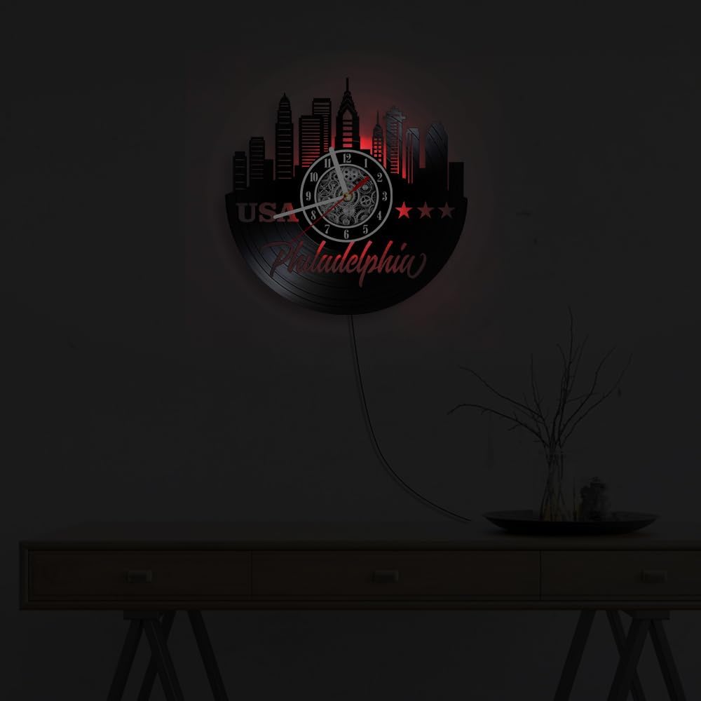 The Geeky Days Philadelphian Skyline LED Illuminated Vinyl Record Wall Clock Philly Cityscape Luminous Artwork Pennsylvania Glowing Night Light Wall Clock USA Travel Home Decor Illuminated Timepieces