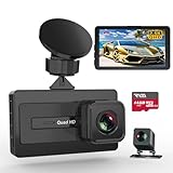 Dash Cam Front and Rear 2.5K+1080P, Free 64GB MicroSD Card, 3' IPS Screen, Dash Camera for Cars with Night Vision, Wide Angle, G-Sensor, Loop Recording, 24H Parking Mode, Black