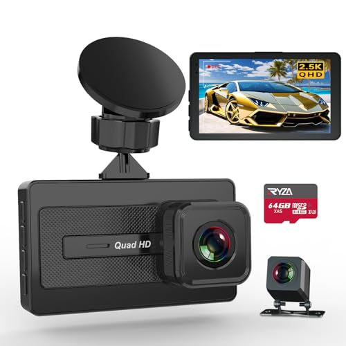 Dash Cam,2.5K/1080p Dash Cam Front and Rear,with 64GB MicroSD Card,3″ IPS Screen,Dual Dashcams for Cars with Night Vision,WDR,Wide Angle,G-Sensor,Loop Recording,24H Parking Mode,Black