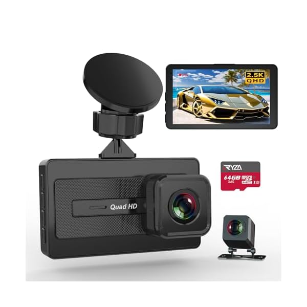 Dash Cam,2.5K/1080p Dash Cam Front and Rear,with 64GB MicroSD Card,3″ IPS Screen,Dual Dashcams for Cars with Night Vision,WDR,Wide Angle,G-Sensor,Loop Recording,24H Parking Mode,Black
