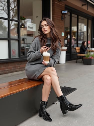 Women's Ankle Boots Chunky Heel Pointed Toe Patent Short Booties Buckle Side Zipper Low Block Heel Fashion Dress Shoes 6