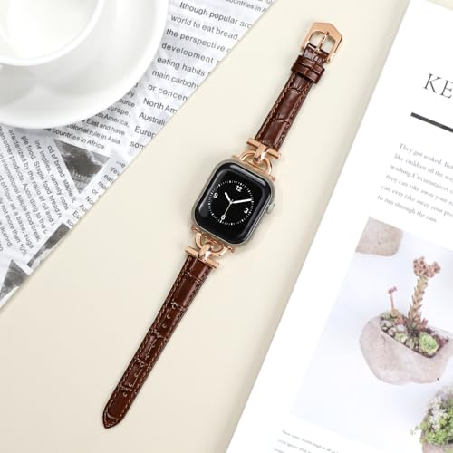 Image of Leather Band Compatible with Apple Watch Bands for Women, Dressy Fancy Strap for iWatch Series 11 /10 /9 /8 /7 /6 /5 /4 /3 /2 /1 /se /Ultra /Ultra 2(49mm 46mm 45mm 44mm 42mm,Dark Brown /Rose Gold)
