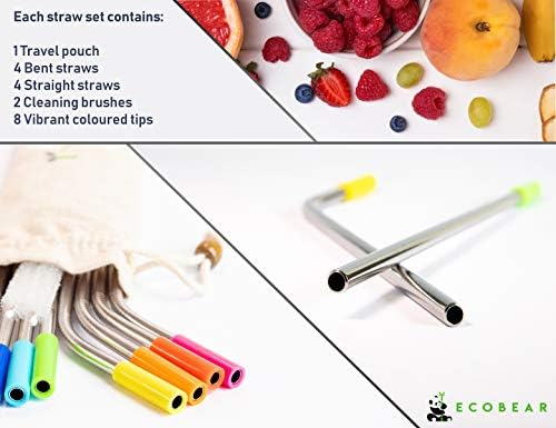 Premium quality reusable stainless steel metal drinking straws - 8 set with 2 cleaning brushes and silicone tips - 100% EcoFriendly - For adults and kids great for cocktails, smoothies and hot drinks