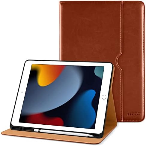 DTTO for iPad 9th/8th/7th Generation 10.2 Inch Case 2021/2020/2019, Premium Leather Business Folio Stand Cover with Apple Pencil Holder - Auto Wake/Sleep and Multiple Viewing Angles, Dark Brown