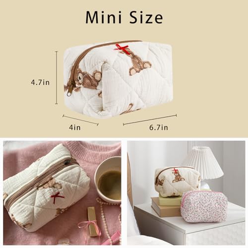 Cute Small Floral Cotton Makeup Bag, Quilted Zipper Pouch with Coquette Bear for Women and Girls, Kawaii Travel Cosmetic Bags for Purse(01Little Bear)2