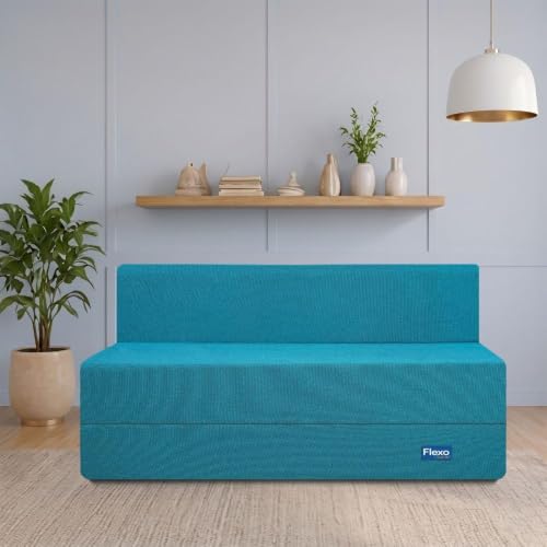 Image of Starlon 3 Seater Sofa Cum Bed Foldable 3-in-1 Sofa Bed with 1 Year Warranty, Washable Jute Fabric Cover | Aqua Teal 5x6 Ft
