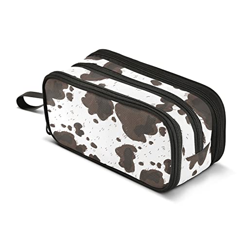 Image of ZAZYXTJ Cow Print Large Capacity Pencil Case 3 Compartment Pen Pouch Storage Canvas Makeup Bag for School Office Teen Girl Boy Men Women
