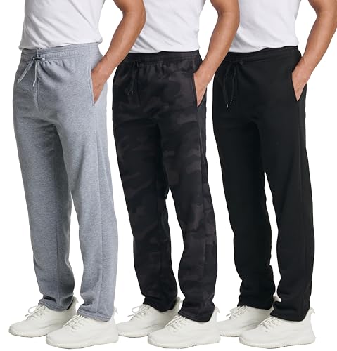 Real Essentials 3 Pack: Men's Tech Fleece Athletic Casual Open Bottom Sweatpants with Pockets (Available in Big & Tall)