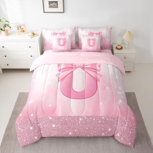 Image of Feelyou Boys Girls Pink Bowknot 7 Pieces Bedding Set Twin Size, Personalized Initial U Comforter Set with Sheets Princess Glitter Bed in A Bag Kids Bow Monogrammed Teens Bed Set Bedroom Decor 7Pcs
