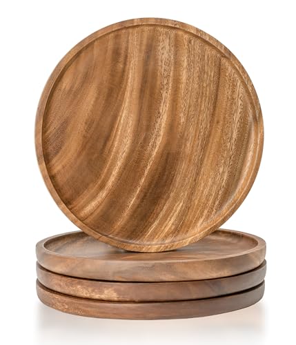 Generisch Piatti in legno naturale, piatti piani in legno di acacia, rotondi, in legno, set da 4 piatti rustici (4 x 30 cm)