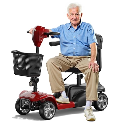 POWET 4 Wheels Mobility Scooter, 15 Miles Long Range Wheelchair Device, Mobility Scooters for Adults and Seniors with LED Headlight, Powered Mobility Scooters with Detachable Basket (Red)