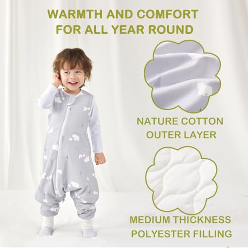 Image of Super Soft 1.5 TOG Sleep Sack with Legs, 100% Cotton Warm Comfy All Season Toddler Sleep Sack with Feet, White Bear, Size M