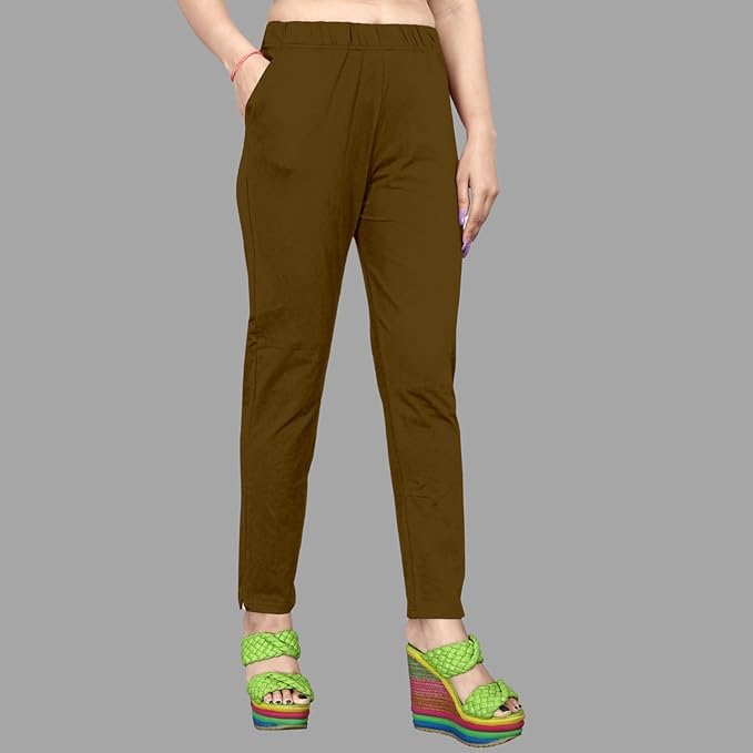 Image of Women's Solid Cotton Lycra Pants-High Waist Slim Fit Stretchable Leggings - Comfortable Long Trousers for Casual, Office & Everyday Wear