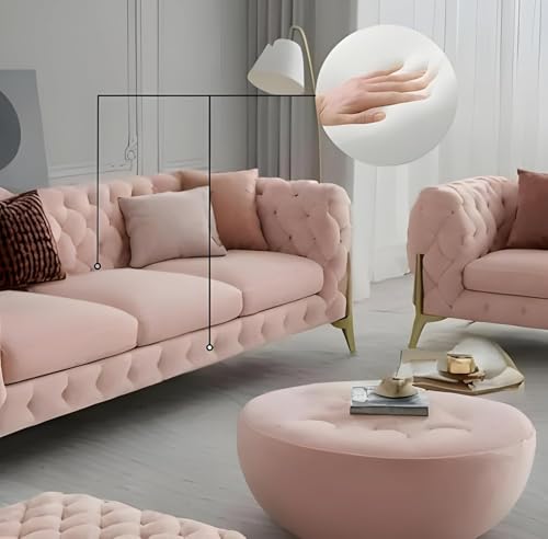 Image of A to Z Furniture Modern Classic Fabric & Valvet Tufted Chesterfield Sofa Living Room and Office (3+1= 4 Seater Sofa Set with Footrest Pink)