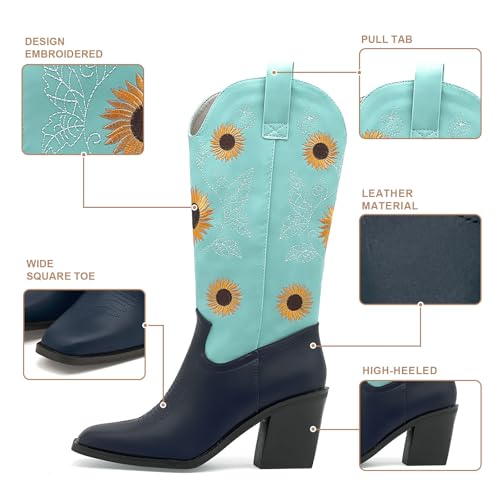 Women's Western Cowboy Boots Mid Calf Cowgirl Boots Chunky Heel Zipper Square Toe Embroidered Sunflower Fashion Boots2