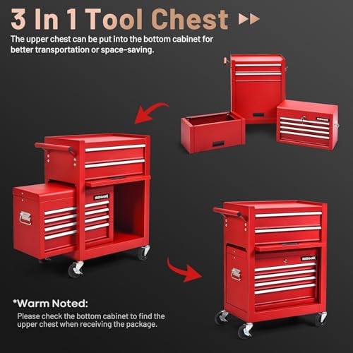 Image of Goplus 6 Drawers Tool Chest, Rolling Metal Tool Box with Universal Wheels, Protective Liner, Detachable Top Toolbox, Auto Lock, 3-in-1 Large Tool Cabinet for Garage Shop Auto Repair