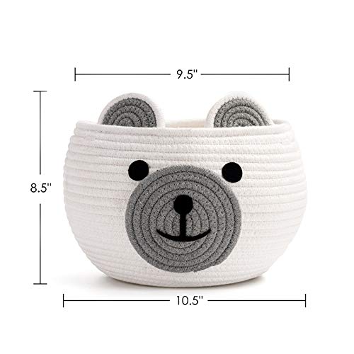 Image of CherryNow Cotton Rope Baby Basket for Nursery, Bear Gift Baskets for Kids, Empty Baby Shower Basket with Handles, Small Cute Animal Baskets, White, 10.5 inchD x 8.5 inchH