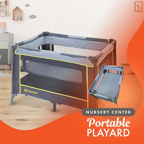 Image of Baby Trend Nursery Center, Portable Playard with Bassinet, Floorboard, and Carrying Bag - Foldable and Convertible Travel Play Crib for Babies and Toddlers, Twinkle Lime