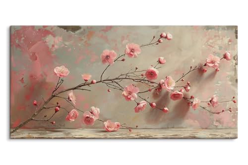 Paul Sinus Tableau mural de 120 x 60 cm sur toile et cadre en bois - Branche de fleurs romantique dans des tons roses doux sur un fond élégant