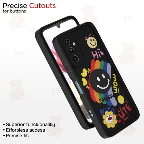 Image of Amazon Basics Back Cover for Samsung Galaxy F23 5G | Cute 3D Cartoon Rainbow Smile Flower | Raised Camera Protection | Shockproof Soft Silicone Bumper Case (Black)