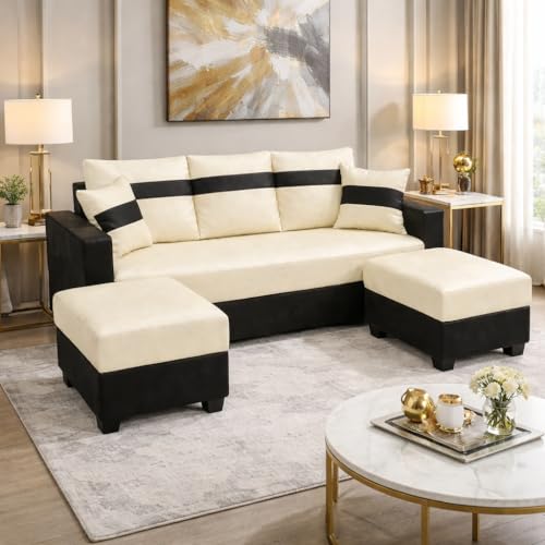 Image of SOCOZI Bastian 5 Seater L Shape Sofa Set with 2 Movable Ottomans | Flexible Layout | Premium Leatherette with Golden Metal Legs |Sofa for Living Room (Cream-Black) | Breathable Material