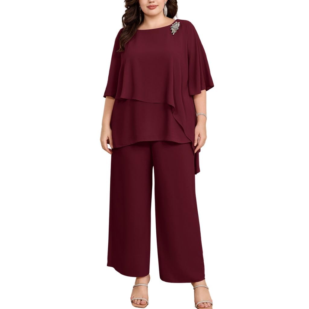 Hanna Nikole Conjunto elegante de traje de noche para mujer, talla grande, conjunto de 2 piezas, traje de cóctel, fiesta, pantalones festivos, camisa de gasa de dos piezas y pantalones de cintura alta