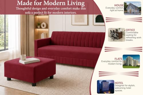 Image of Modern 3-Seater Velvet Sofa with Ottoman | Vertical Channel Tufted Backrest | Plush Cushioned Seating | Stylish Contemporary Sofa for Living Room, Bedroom & Office | Red