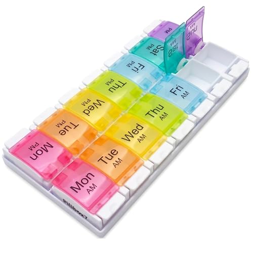 PILLBOX7 Weekly Pill Boxes 7 Day 2 Times a Day Monday - Sunday AM PM Easy to Open Pill Organiser 2 Times a Day | 7 Day 2 Compartments Day and Night with Push Buttons Weekly Pill Organiser - Large