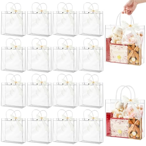 Ohuimrt 20 PCS Clear Plastic Gift Bags with Handles, Reusable Party Favor Bags with Ribbon Transparent Gift Wrap Bags Bulk for Weddings Birthdays, 9.84 x 9.84 x 3.54 Inches