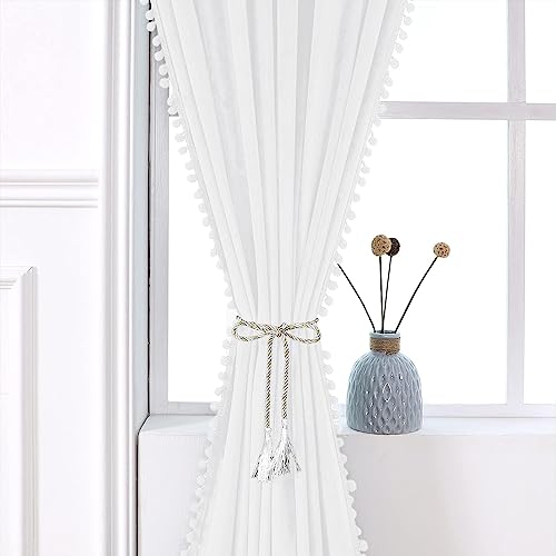 Image of Amazon Brand - Umi Velvet Eyelet Door Curtains with pom pom Lace for Living Room Bedroom Kitchen 1 pc Pack in White Color (Windows - 4 feet x 5 feet)