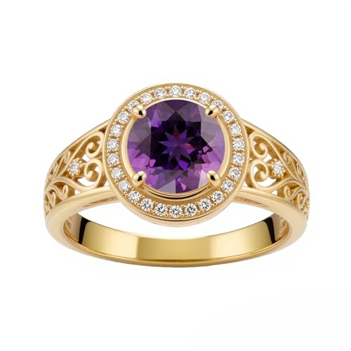 WSX 10K 14K 18K Gold Round Cut Amethyst Halo Ring
