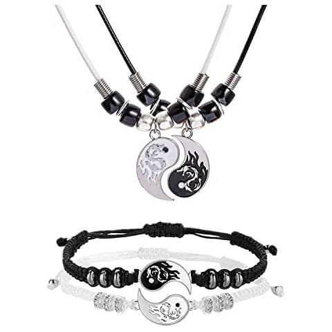 INENIMARTJ 4Pcs Yin Yang Matching Dragon Bracelet Necklaces Set for Women Men,Yin Yang Couple Bracelet Pendant Necklaces for Bff Best Friend (C 4P) Cover