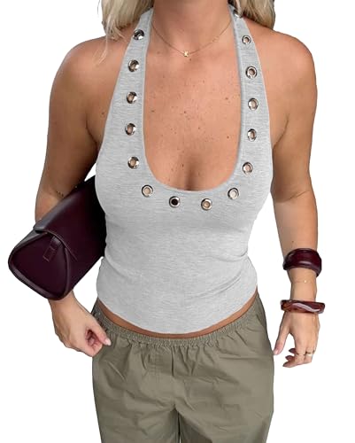 Women Y2k Punk Grommet Eyelet Halter Neck Crop Tank Tops Slim Fitted Sleeveless Backless Grunge Summer Shirts