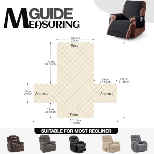 Image of KinCam 100% Waterproof Recliner Chair Cover, Reclining Couch Covers for Pets, Dogs, Recliner Couch Slipcover Furniture Protector with Elastic Straps for Kids(25 inch, Black)