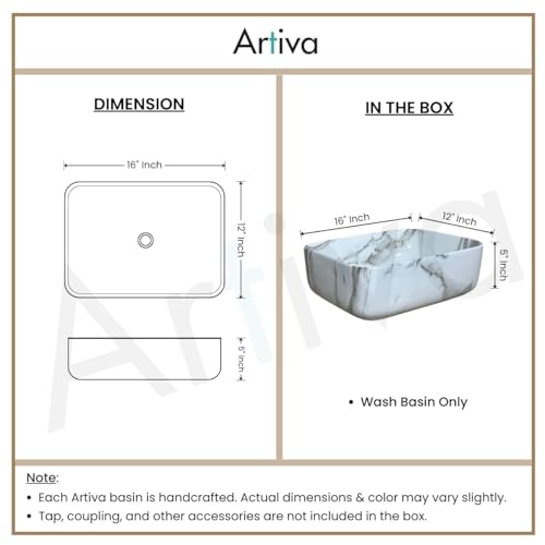 Image of Artiva Ceramic Wash Basin /Tabletop Washbasin For Bathroom,12 inchx16 inch /Small Countetop Bathroom Basin /Table Top Basin For Home,Office,Hotel /Rectangle Glossy Sink (Marble-White,12x16 Inch)