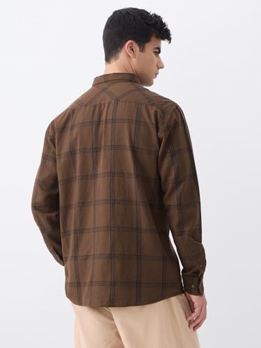 Image of The Souled Store: Blue Sails Men and Boys Long Sleeve Collared Neck Button Front Blue and Cream Checked Embroidered Regular Fit Cotton Linen Shirt