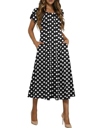 HOTOUCH Womens Fit and Flare Midi Dress Casual A Line Dresses 2026 Empire Waist Dress Ladies Black White Polka Dot Dresses, Black Dot,L