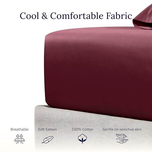 California Design Den Cotton Fitted Sheet Twin XL, Soft 400 Thread Count 100% Cotton Sateen, No Pop-Off Elastic, Deep Pocket Cooling Sheets, Durable Fitted Sheet Only (Twin XL, Burgundy Red)