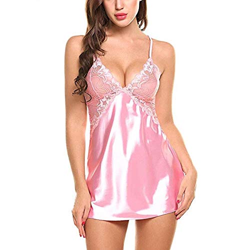 Lingerie dentelle florale rose XXL avec chemise de nuit satin et G-string pour femme