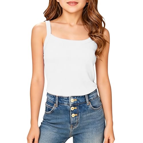 Image of Girls Camisole Tank Tops Summer Sleeveless Vest Top Teen Casual Ribbed Spaghetti Straps Kids Breathable Solid Crop Cami Shirt Girl Thin Color Basic Sports Shirts Plain Tee (White, 15-16 Years)