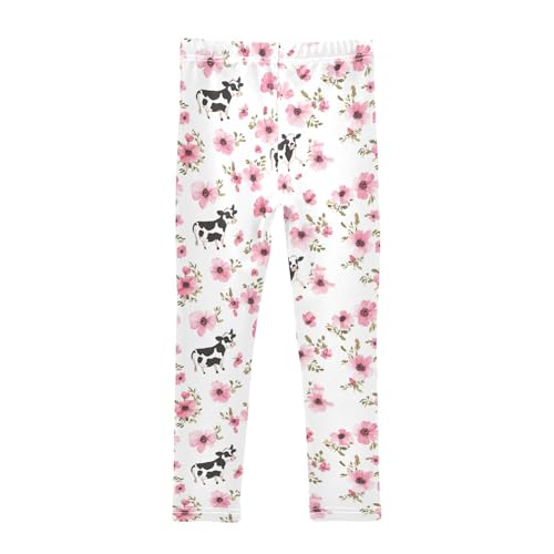 Pink Flower Black Cow Girls Casual Leggings for Kids Printed Long Pant Bottoms Stretch and Soft2
