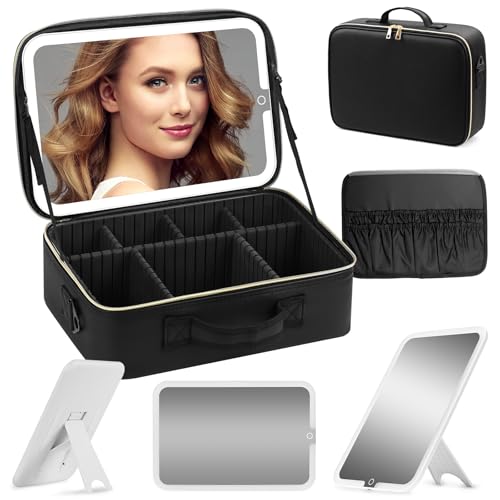 鏡付きメイクボックス 化粧品収納ボックス コスメボックス 化粧ケース 調節可能な仕切り付き 取り外し可能なライト付きミラー 3色調節可能なLEDライト メイクブラシケース付き 自立式 ハンドル付き 通勤・出張・旅行用 (ブラック, 横38cm×縦28cm)