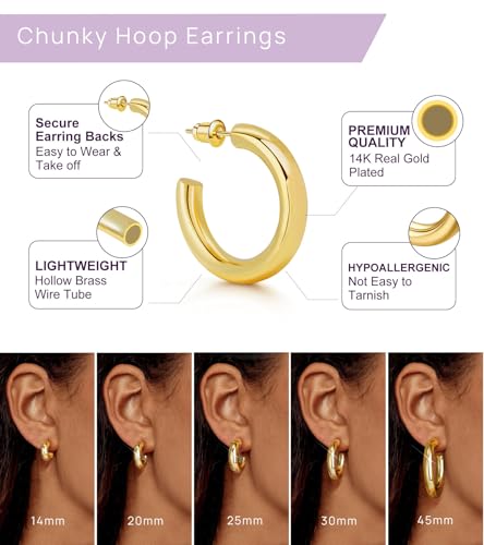 wowshow Gold Hoop Earrings, 14K Real Gold Plated Chunky Small Hoop Earrings for Women Lightweight Jewelry Gifts 14/20/30/35/45MM4