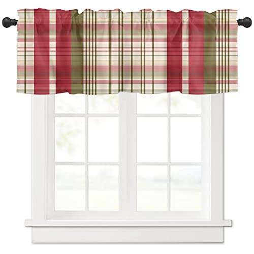カフェカーテン おしゃれ レトロなチェック柄 ローズレッド オリーブ グリーン 遮像 UVカット お風呂 小窓 出入り口 短い カーテン 間仕切り目隠し 半窓カーテン キッチン ボーダー 洗面所 居間 喫茶店 1枚 幅107cm x 丈45cm
